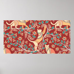 Cats with ornaments,branches with flowers and leav poster