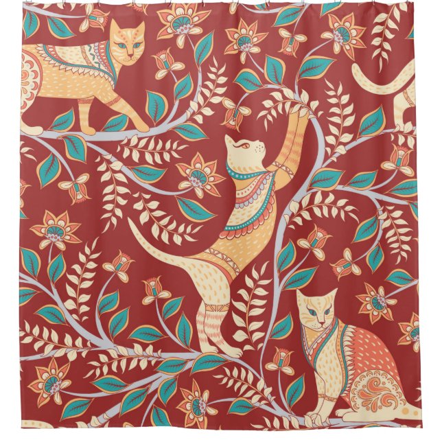Cats with ornaments,branches with flowers and leav shower curtain (Front)