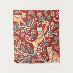 Cats with ornaments,branches with flowers and leav tapestry