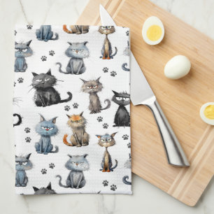 Cats With Scowling Faces and Paw Prints Pattern Tea Towel