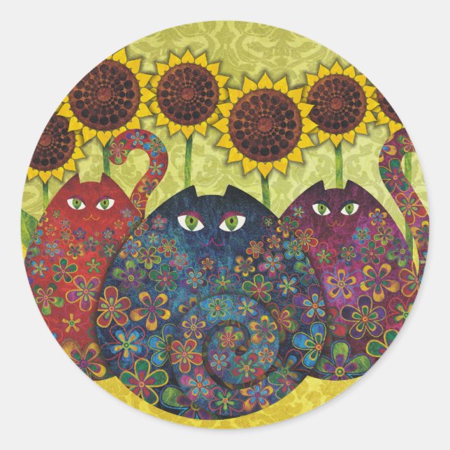 cats with sunflowers classic round sticker (Front)