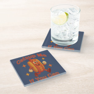 Catsup Me If You Can Funny Hot Dog – Ketchup Pun Glass Coaster