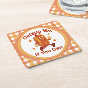 Catsup Me If You Can Funny Hot Dog – Ketchup Pun Square Paper Coaster