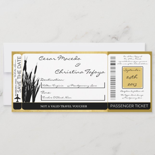 Cattail/Dragonfly Boarding Pass Wedding Invitation (Front)
