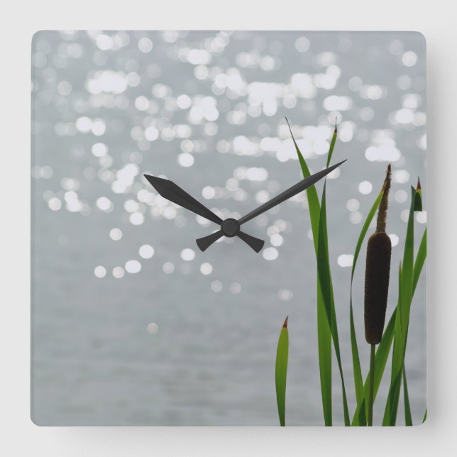 Cattail in Front of Lake Square Wall Clock (Front)