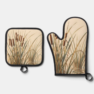 Cattail Reed Wetland Botanical Illustration Oven Mitt & Pot Holder Set