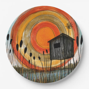 Cattail Sunset Marsh Stilt Cabin Paper Plate