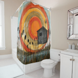 Cattail Sunset Marsh Stilt Cabin Shower Curtain