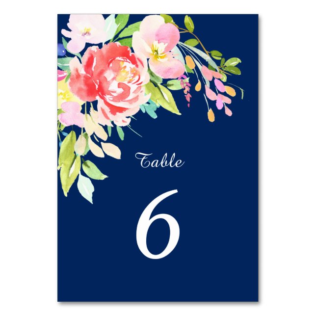 Cattails and Floral on Navy Blue Wedding Table Number (Front)