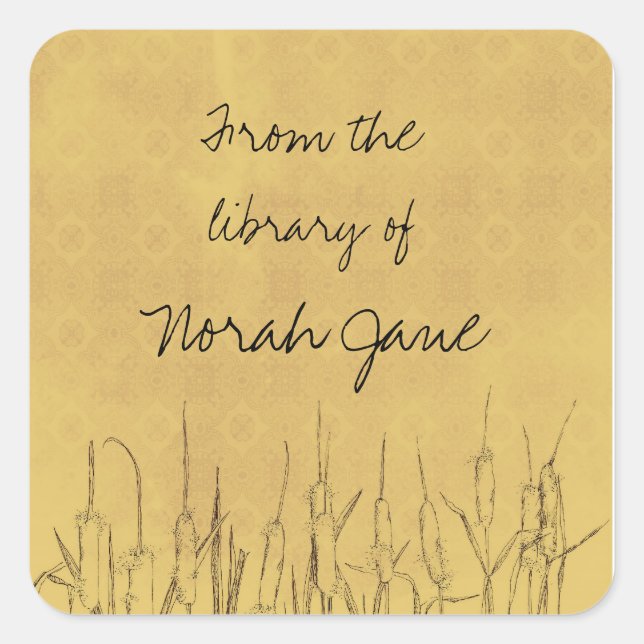 Cattails Botanical Drawing Personalised Name Square Sticker (Front)