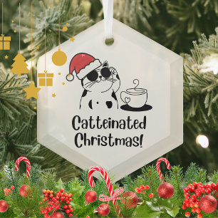 Catteinated Christmas Coffee and Cat Lover Holiday Glass Tree Decoration