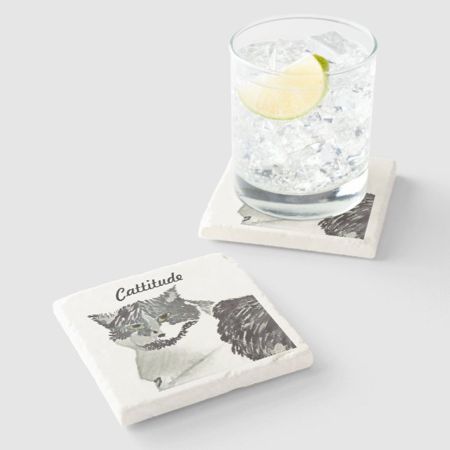 Cattitude Black & White Cat  Stone Coaster (Side)