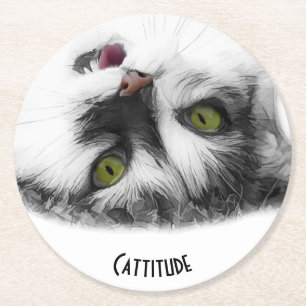 Cattitude funny cat customisable round paper coaster