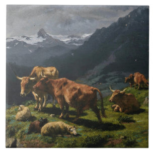 Cattle and Sheep in an Alpine Landscape Ceramic Tile