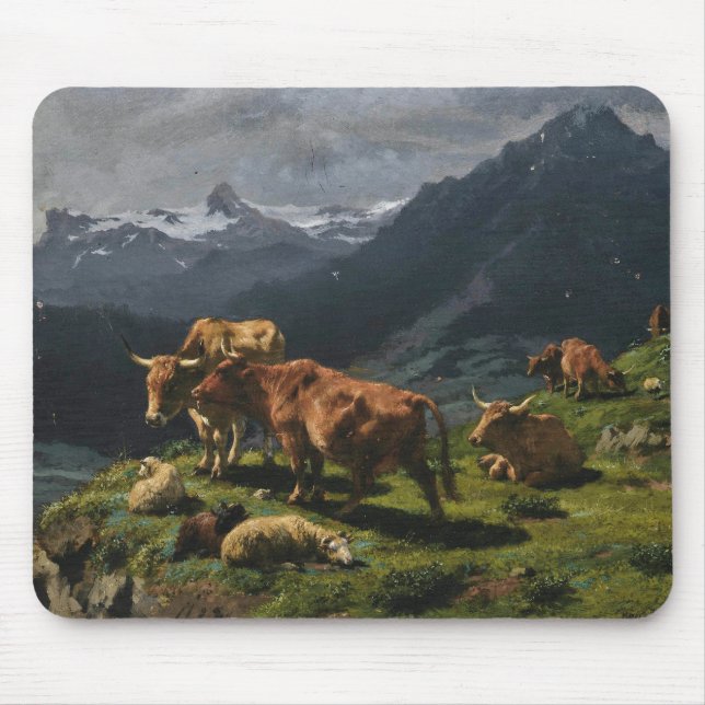 Cattle and Sheep in an Alpine Landscape Mouse Pad (Front)