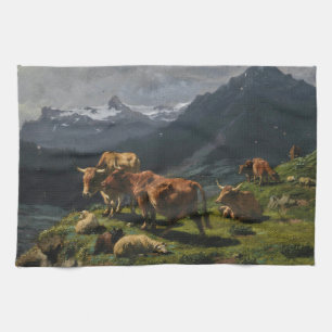 Cattle and Sheep in an Alpine Landscape Tea Towel