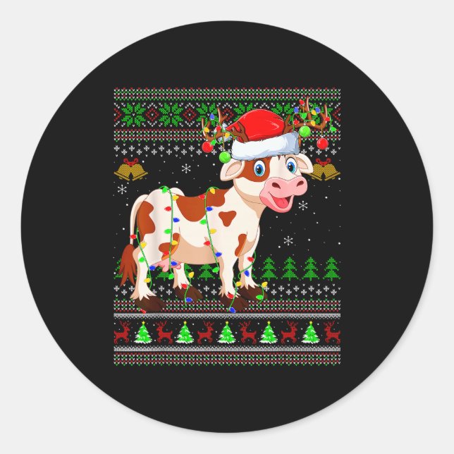 Cattle Cow Ugly Christmas Sweaters Holiday Santa C Classic Round Sticker (Front)