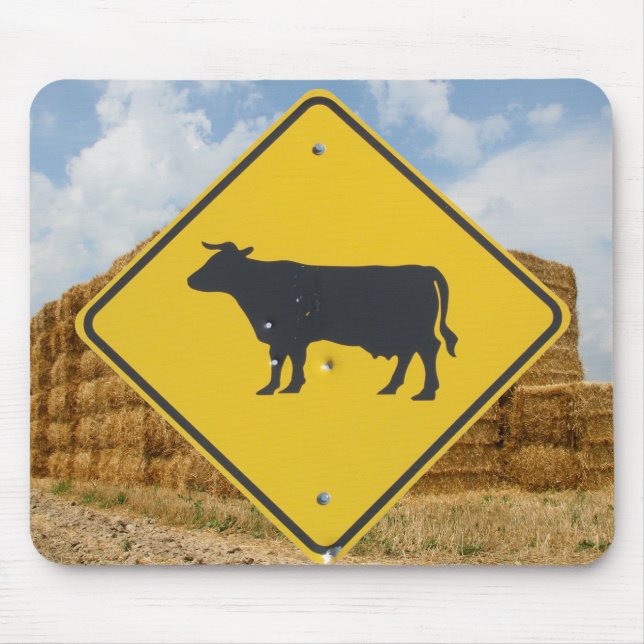 Cattle Crossing Sign, Baled Hay, Blue Sky, Clouds Mouse Pad (Front)