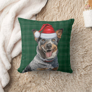 Cattle Dog Green Plaid Christmas Holiday Cushion
