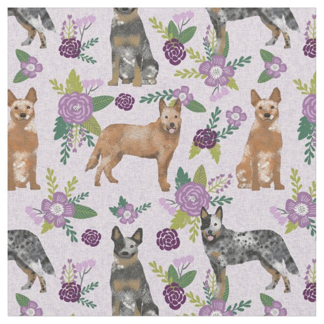 Cattle dogs lavender florals fabric (Close Up)