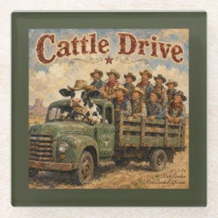 Cattle Drive Cartoon – Cow Driving Cowboys Glass Coaster