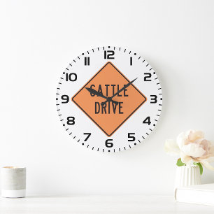 Cattle Drive Road Sign Large Clock