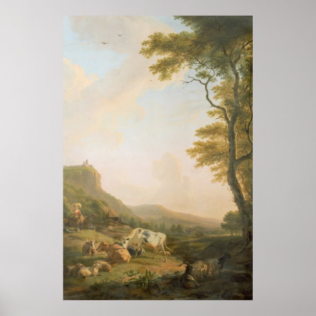Cattle Grazing while Shepherdess Watches  Poster (Front)