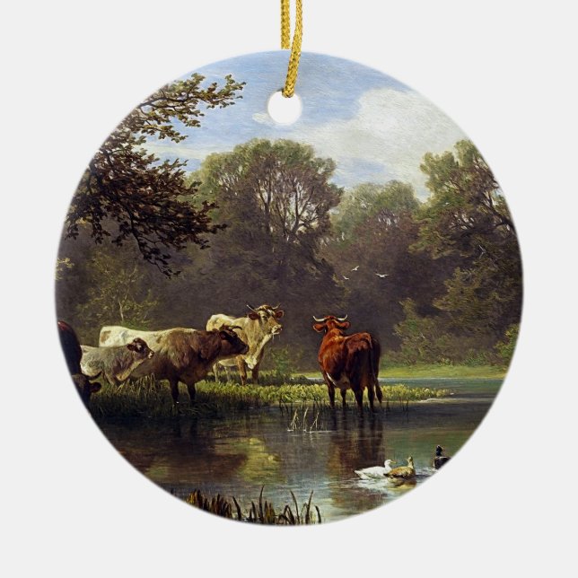 Cattle on the Pond Ceramic Tree Decoration (Front)