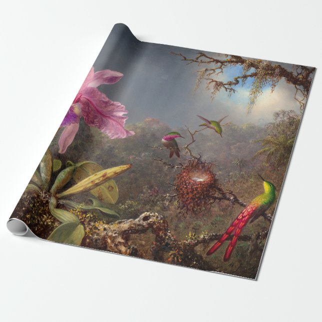 Cattleya Orchid and Three Hummingbirds by Heade Wrapping Paper (Unrolled)