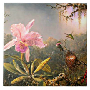 Cattleya Orchid and Three Hummingbirds Ceramic Tile