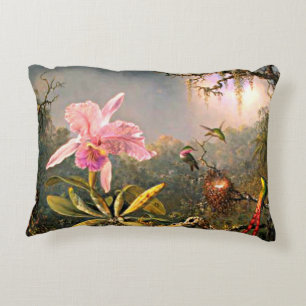 Cattleya Orchid and Three Hummingbirds, Decorative Cushion