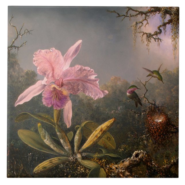 Cattleya Orchid and Three Hummingbirds (Heade) Ceramic Tile (Front)