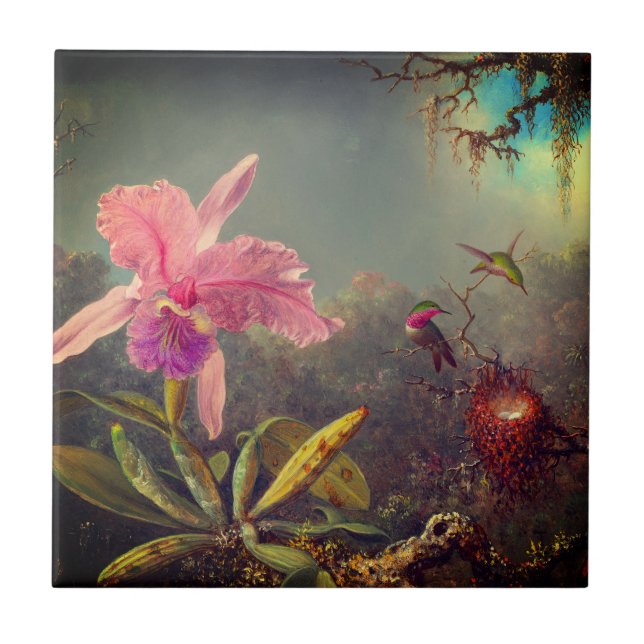 Cattleya Orchid and Three Hummingbirds Heade Ceramic Tile (Front)