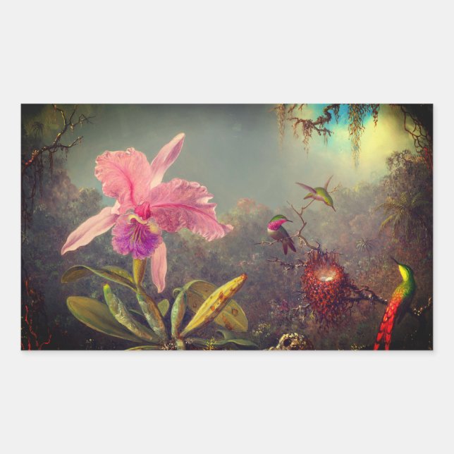 Cattleya Orchid and Three Hummingbirds Heade Rectangular Sticker (Front)