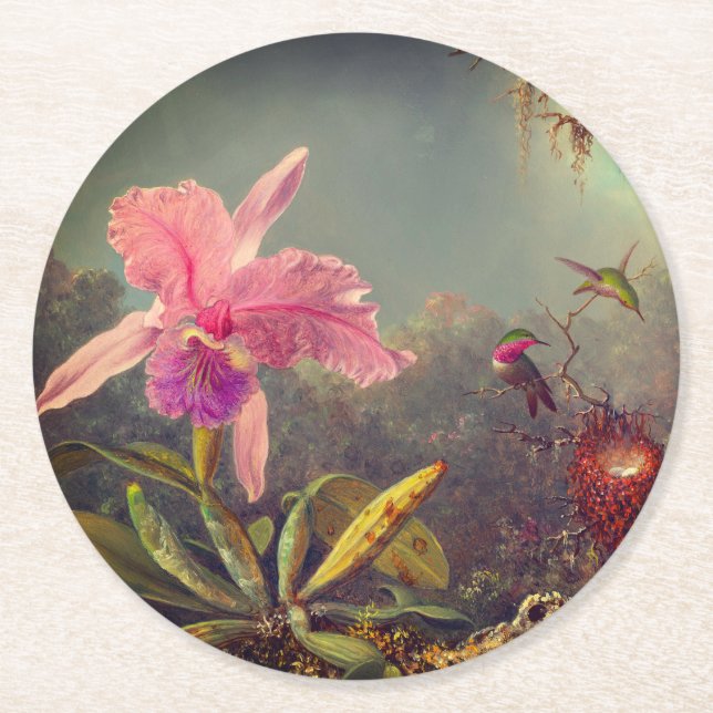 Cattleya Orchid and Three Hummingbirds Heade Round Paper Coaster (Front)