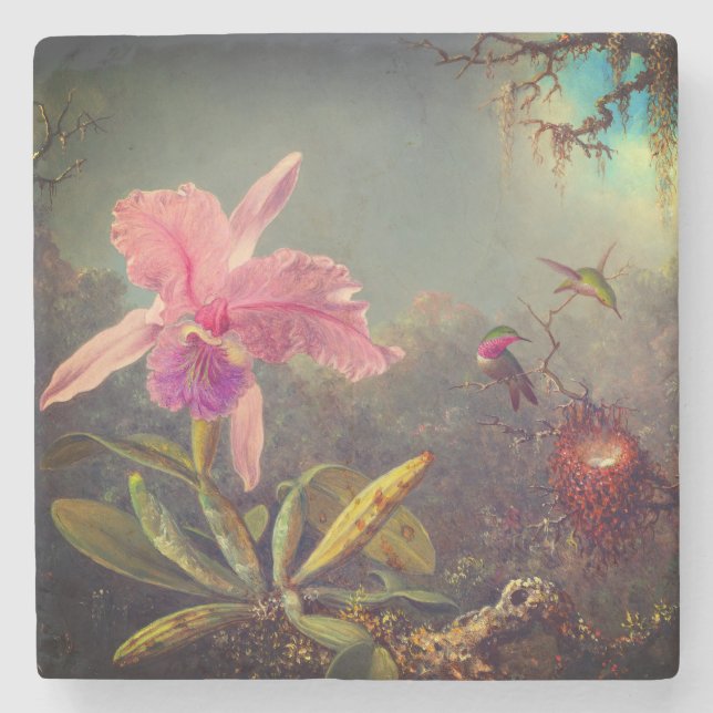 Cattleya Orchid and Three Hummingbirds Heade Stone Coaster (Front)