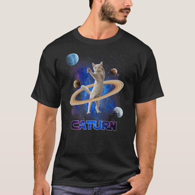 Caturn Cat In Space Saturn Galaxy Funny Kitten Cat T-Shirt (Front)