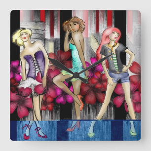 Catwalk Fashion Teenage Girls Funky Modern Art Square Wall Clock