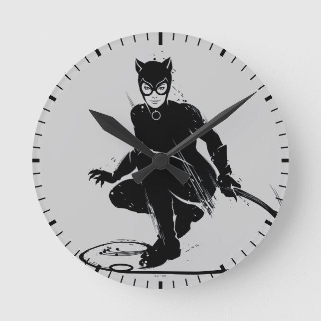 Catwoman Ink Brush Pose Round Clock (Front)