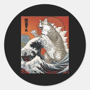 Catzilla Cat Japanese Art Funny Cat For Men Women  Classic Round Sticker