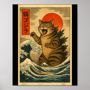 Catzilla Cat Japanese Art Funny Cat For Men Women  Poster