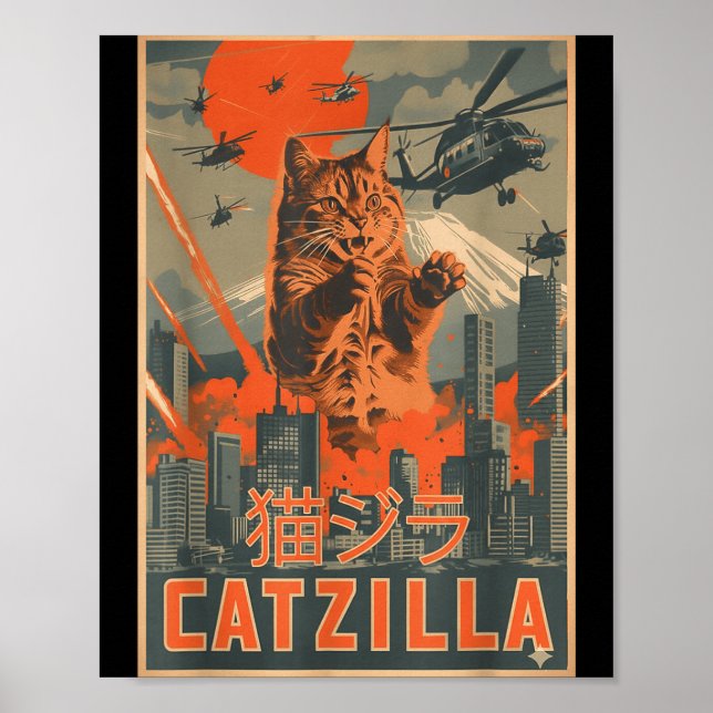 Catzilla Cat Japanese Art Funny Cat For Men Women  Poster (Front)