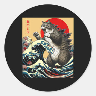 Catzilla Cat Japanese Art Funny Cat Gifts For Men  Classic Round Sticker