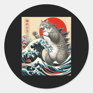 Catzilla Cat Japanese Art Funny Cat Gifts For Men  Classic Round Sticker