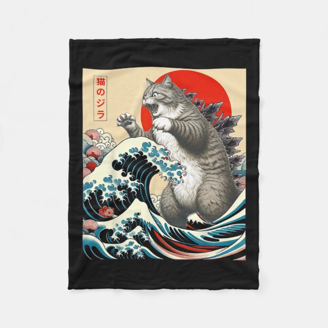Catzilla Cat Japanese Art Funny Cat Gifts For Men  Fleece Blanket (Front)