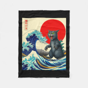 Catzilla Cat Japanese Art Funny Cat Gifts For Men Fleece Blanket