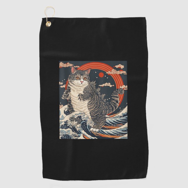 Catzilla Cat Japanese Art Funny Cat Gifts For Men  Golf Towel (Front)