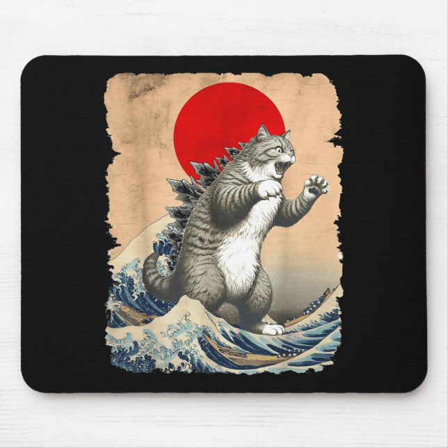 Catzilla Cat Japanese Art Funny Cat Meme For Men W Mouse Pad (Front)