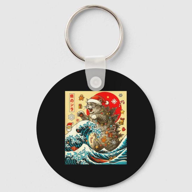 Catzilla Cat Japanese Art Funny Xmas For Men Women Key Ring (Front)