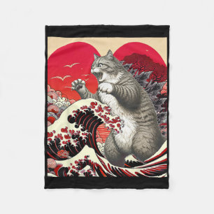 Catzilla Cat Valentine Japanese Art Funny Cat Gift Fleece Blanket